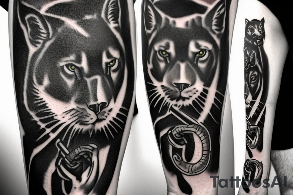I want one black panthers, designed realistic like the animal, full body sitting and holding a shepherd's crook. tattoo idea