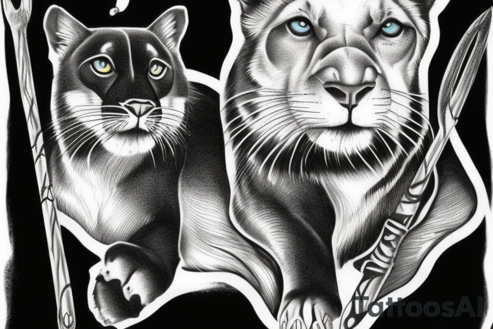 I want one black panthers, designed realistic like the animal, full body sitting and holding a shepherd's crook. tattoo idea