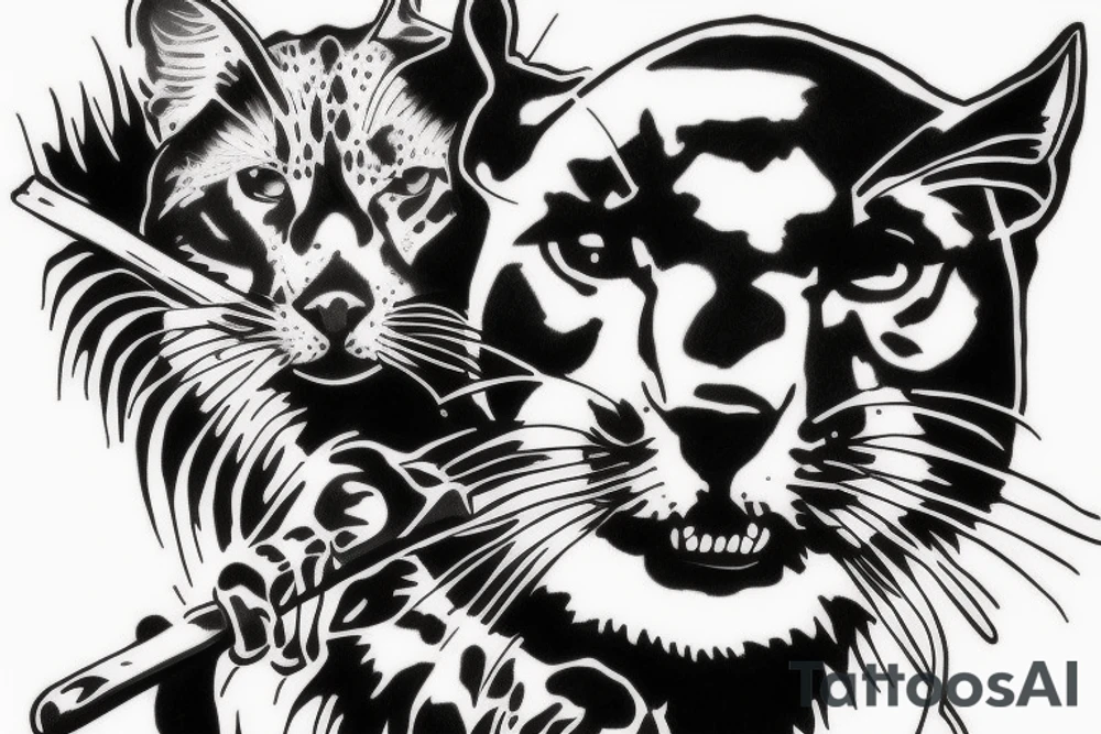 I want one black panthers, designed realistic like the animal, full body sitting and holding a shepherd's crook. tattoo idea