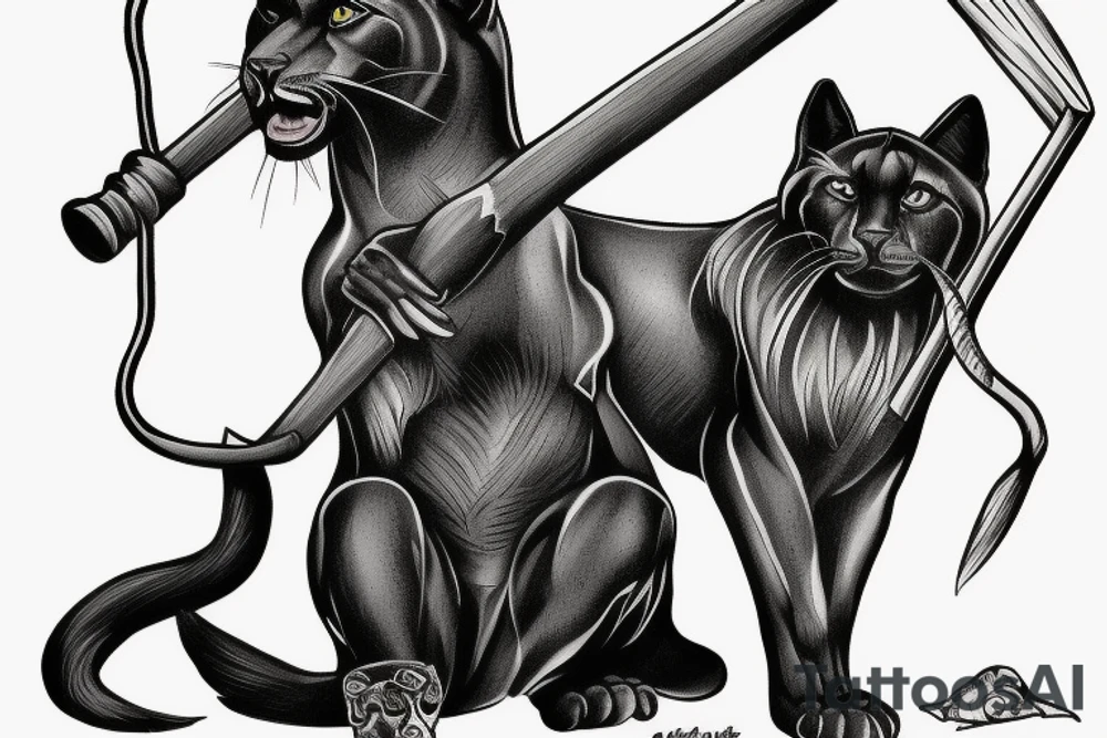 I want one black panthers, designed realistic like the animal, full body sitting and holding a shepherd's crook. tattoo idea