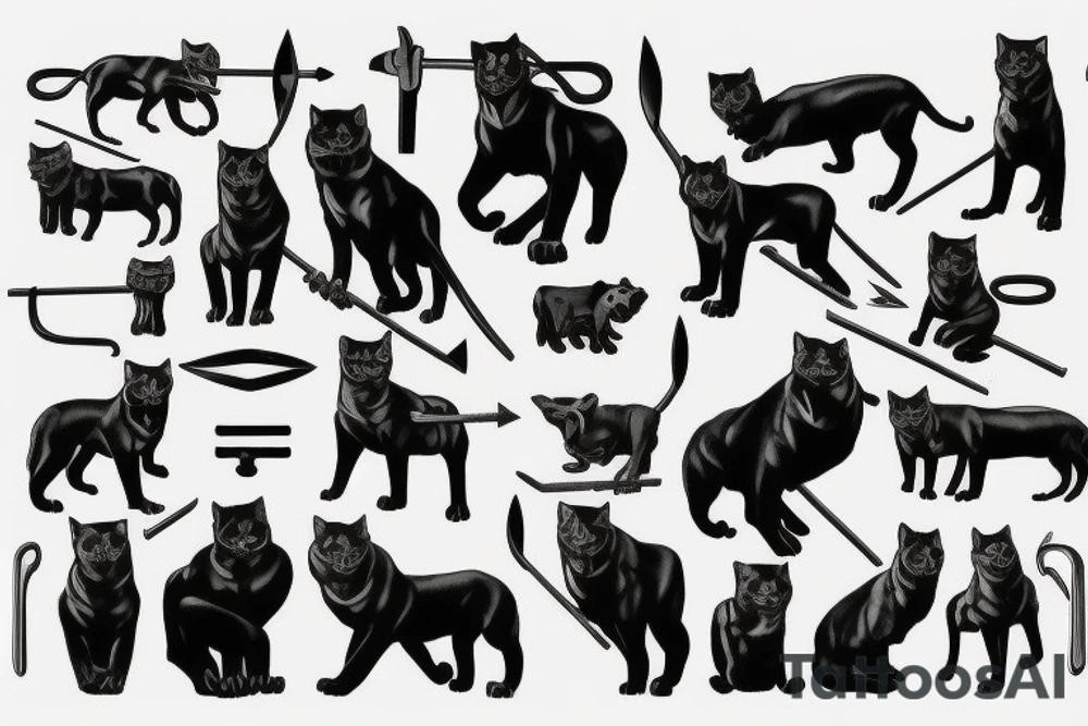 I want one black panthers, designed realistic like the animal, full body sitting and holding a shepherd's crook. tattoo idea