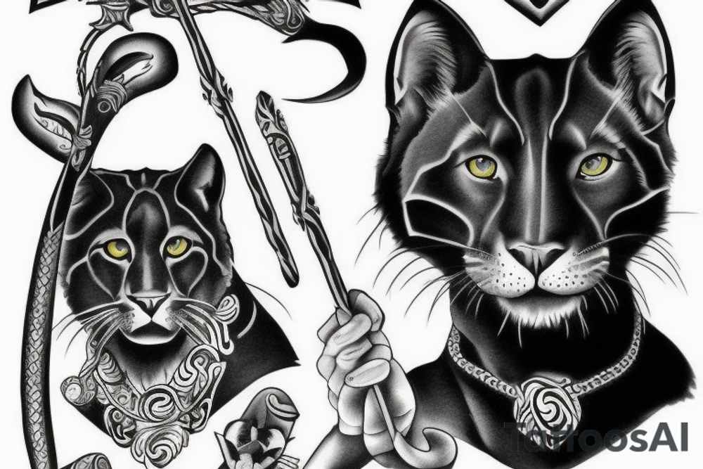 I want one black panthers, designed realistic like the animal, full body sitting and holding a shepherd's crook. tattoo idea