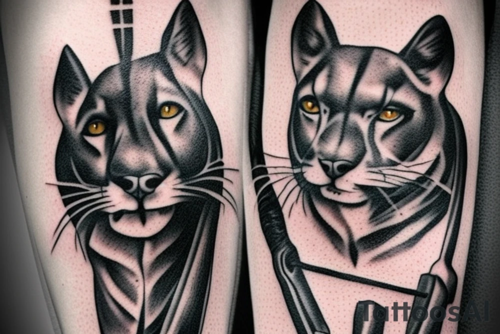 I want one black panthers, designed realistic like the animal, full body sitting and holding a shepherd's crook. tattoo idea