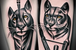 I want one black panthers, designed realistic like the animal, full body sitting and holding a shepherd's crook. tattoo idea