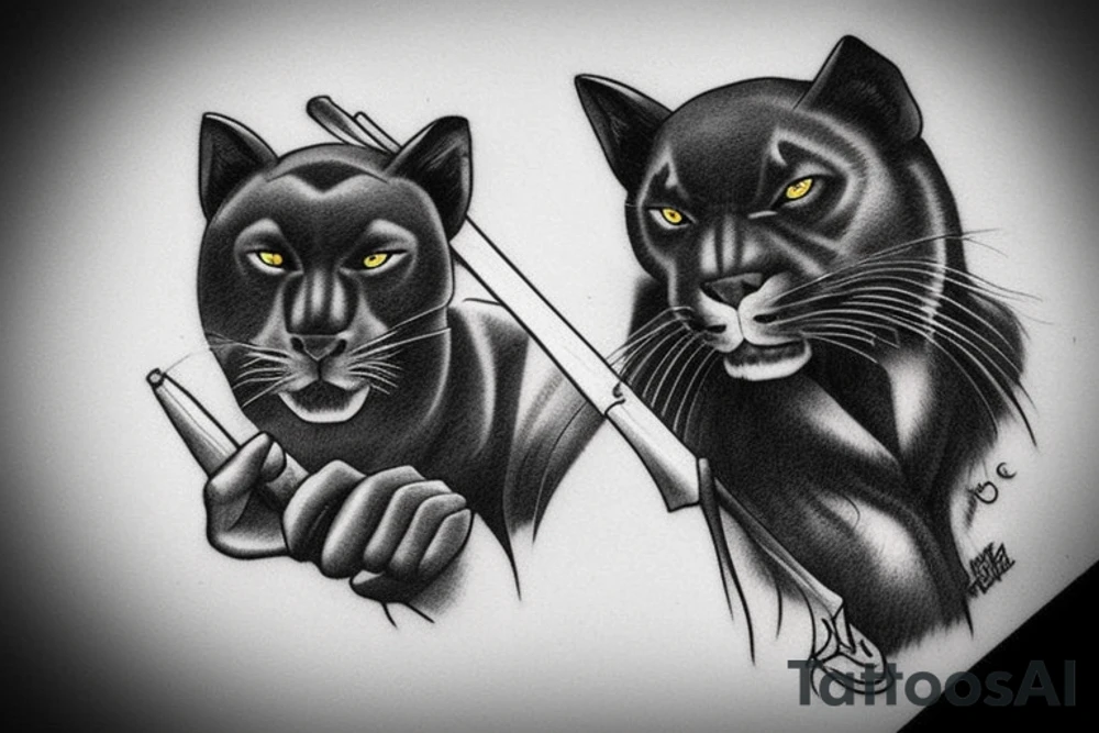 I want one black panthers, designed realistic like the animal, full body sitting and holding a shepherd's crook. tattoo idea