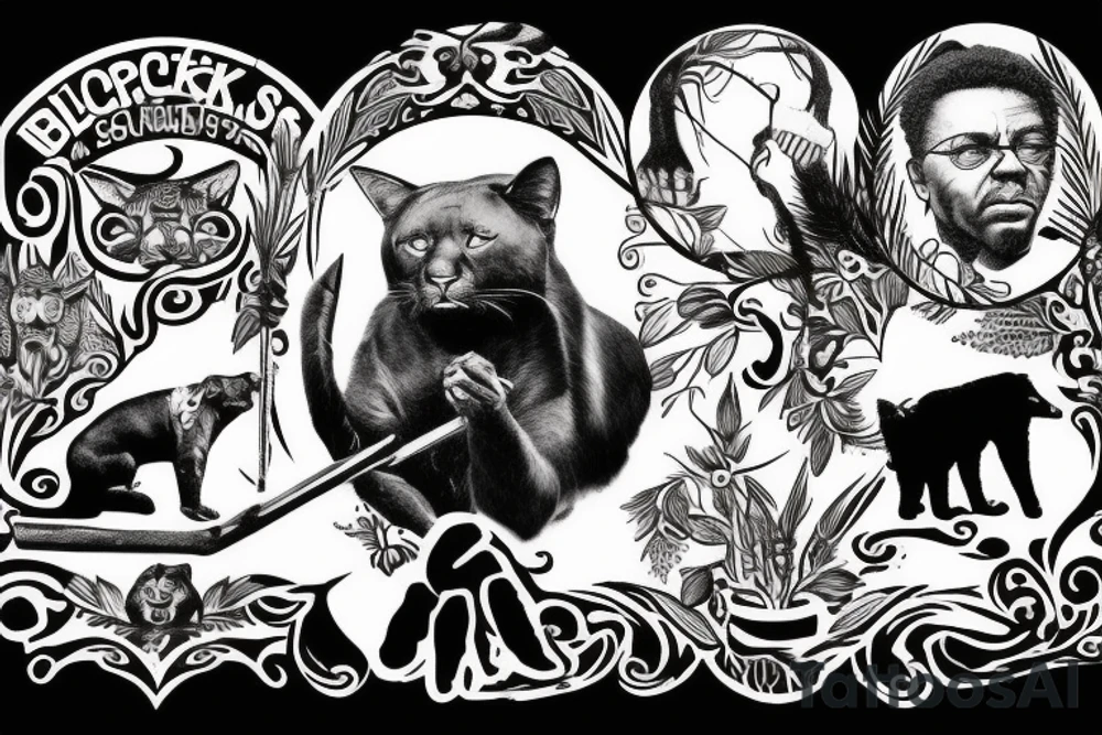 ONE black panthers, designed realistic like the animal, showing full body sitting and holding a shepherd's crook in between its legs tattoo idea
