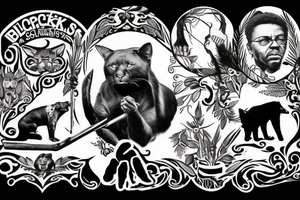ONE black panthers, designed realistic like the animal, showing full body sitting and holding a shepherd's crook in between its legs tattoo idea
