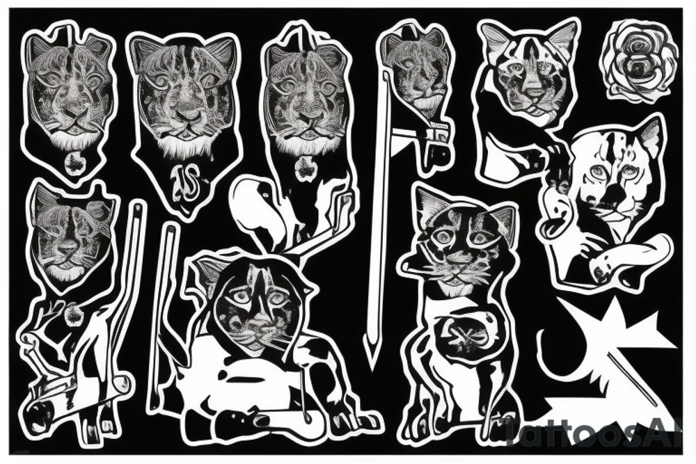 ONE black panthers, designed realistic like the animal, showing full body sitting and holding a shepherd's crook in between its legs tattoo idea