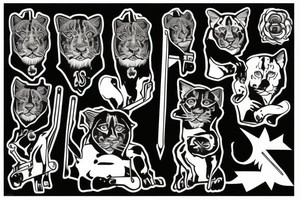 ONE black panthers, designed realistic like the animal, showing full body sitting and holding a shepherd's crook in between its legs tattoo idea