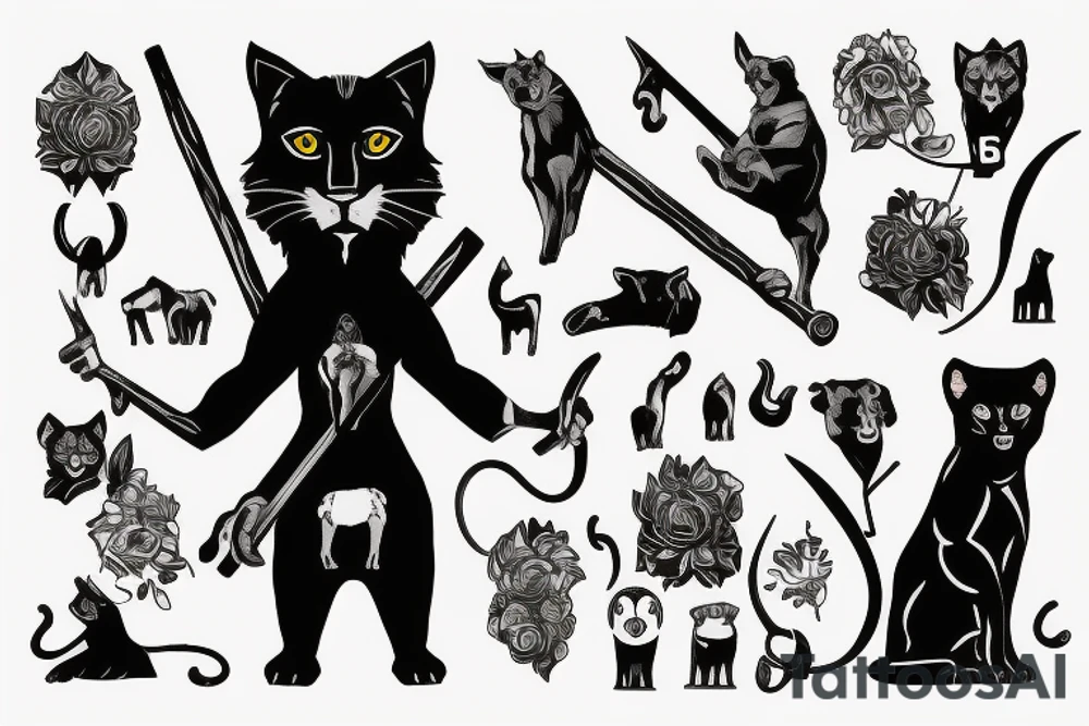 ONE black panthers, designed realistic like the animal, showing full body sitting and holding a shepherd's crook in between its legs tattoo idea