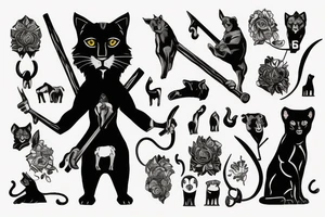 ONE black panthers, designed realistic like the animal, showing full body sitting and holding a shepherd's crook in between its legs tattoo idea