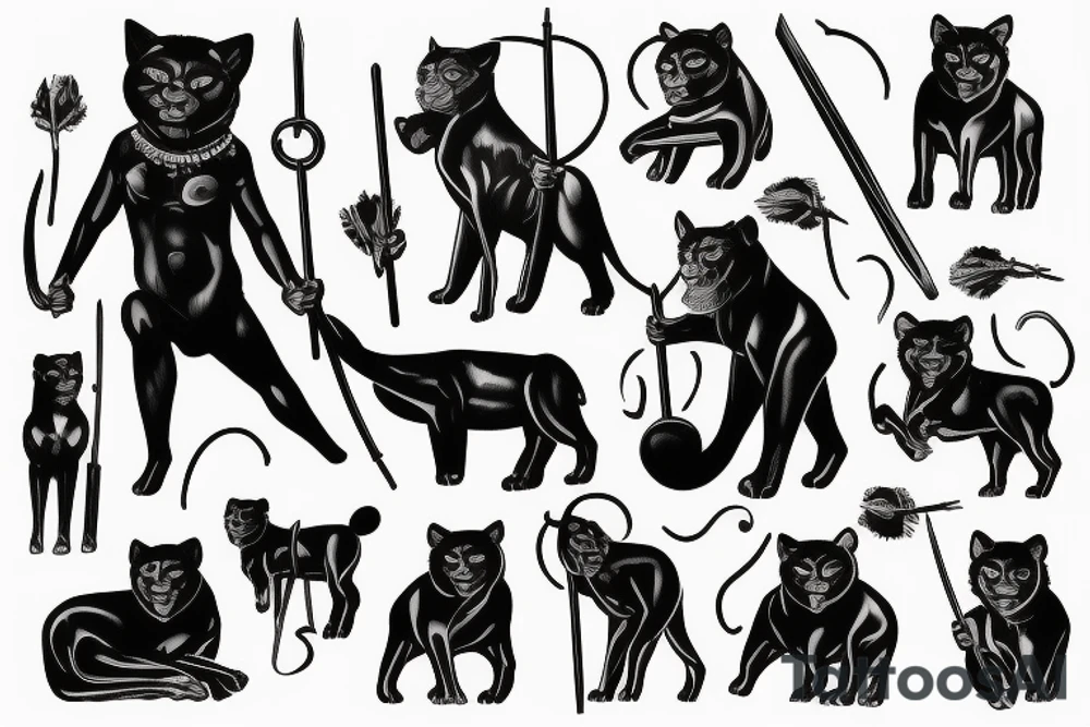ONE black panthers, designed realistic like the animal, showing full body sitting and holding a shepherd's crook in between its legs tattoo idea