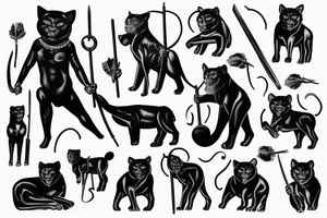 ONE black panthers, designed realistic like the animal, showing full body sitting and holding a shepherd's crook in between its legs tattoo idea