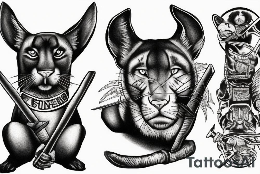 ONE black panthers, designed realistic like the animal, showing full body sitting and holding a shepherd's crook in between its legs tattoo idea