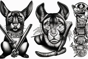 ONE black panthers, designed realistic like the animal, showing full body sitting and holding a shepherd's crook in between its legs tattoo idea