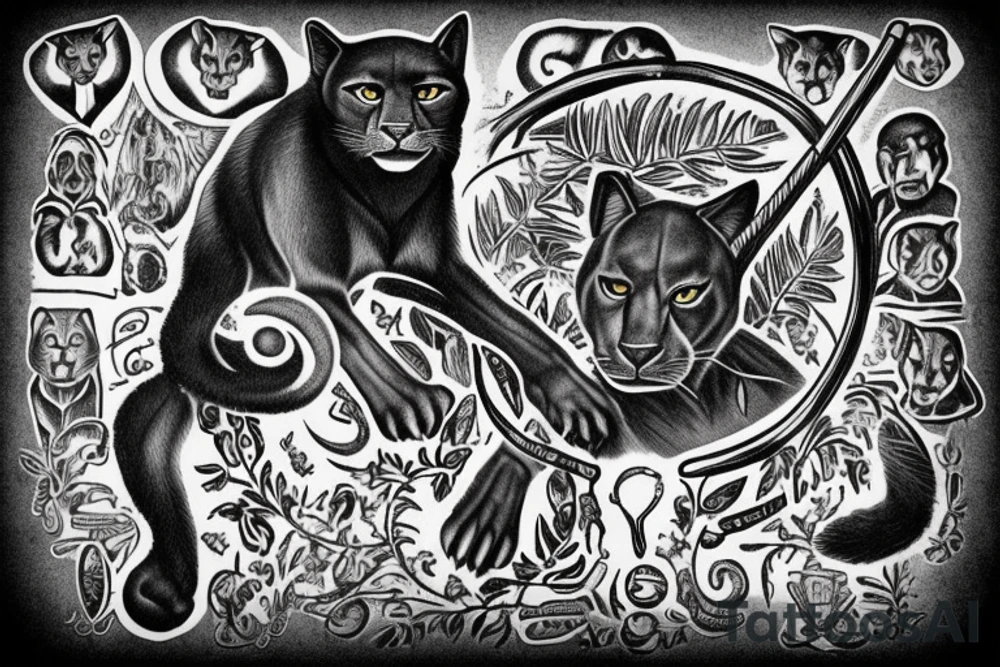 ONE black panthers, designed realistic like the animal, showing full body sitting and holding a shepherd's crook in between its legs tattoo idea