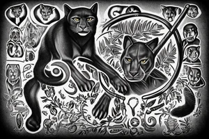 ONE black panthers, designed realistic like the animal, showing full body sitting and holding a shepherd's crook in between its legs tattoo idea