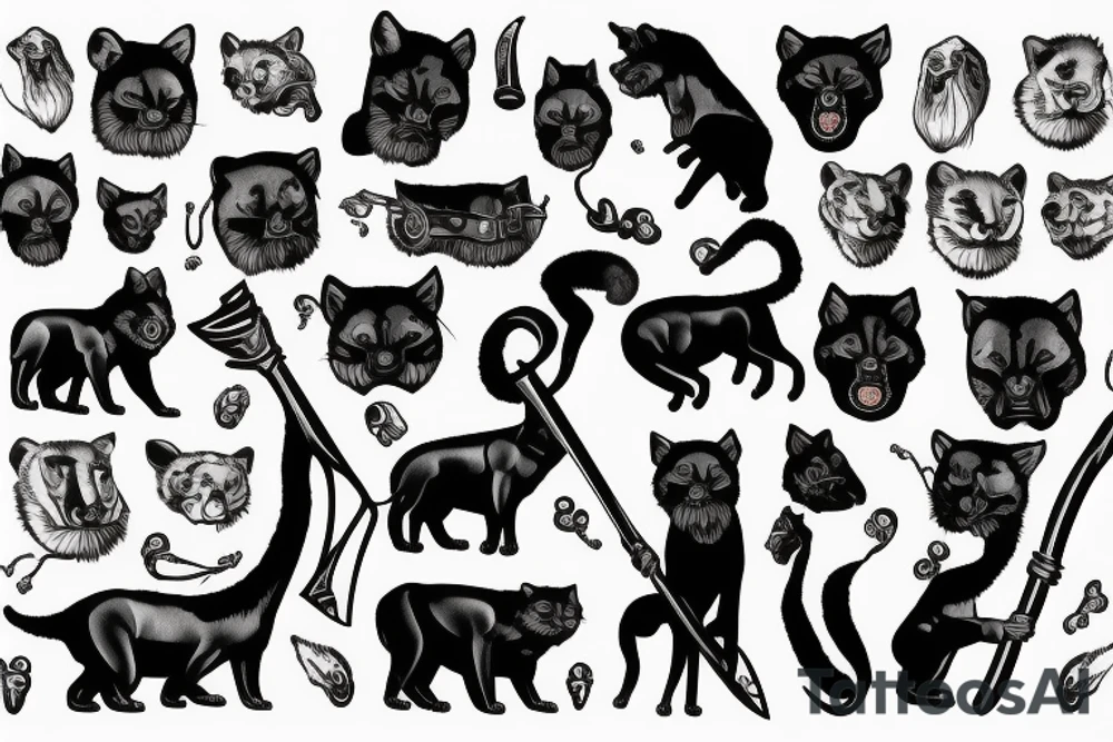 ONE black panthers, designed realistic like the animal, showing full body sitting and holding a shepherd's crook in between its legs tattoo idea