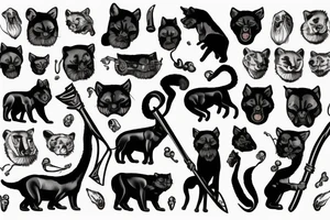ONE black panthers, designed realistic like the animal, showing full body sitting and holding a shepherd's crook in between its legs tattoo idea