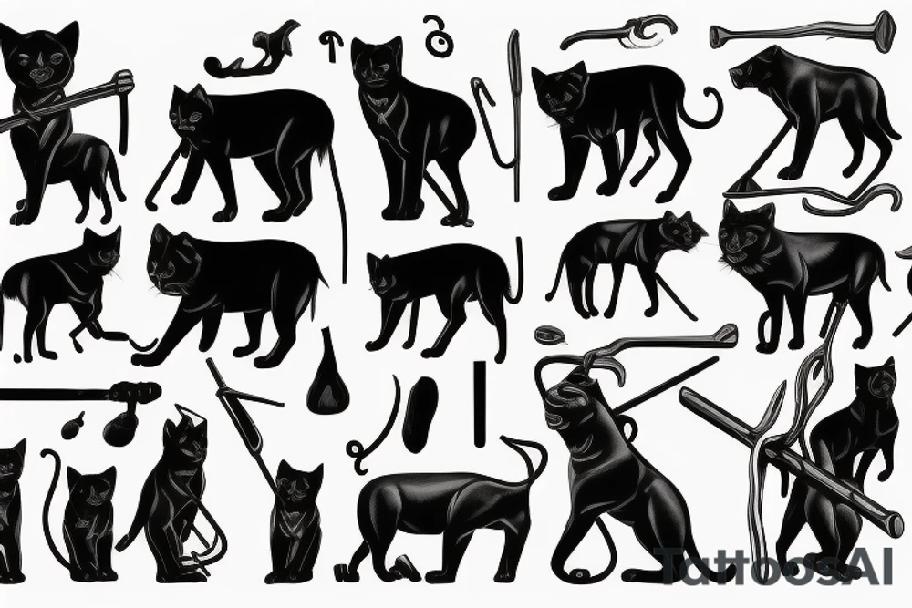 ONE black panthers, designed realistic like the animal, showing full body sitting and holding a shepherd's crook in between its legs tattoo idea