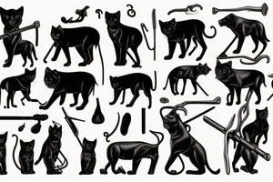 ONE black panthers, designed realistic like the animal, showing full body sitting and holding a shepherd's crook in between its legs tattoo idea