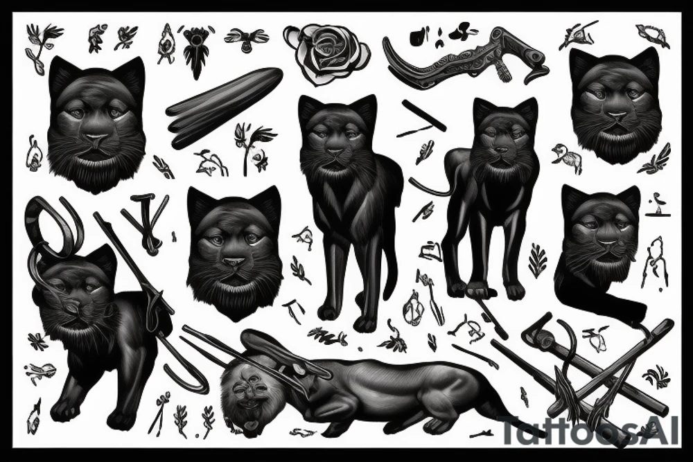 ONE black panthers, designed realistic like the animal, showing full body sitting and holding a shepherd's crook in between its legs tattoo idea