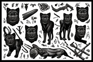 ONE black panthers, designed realistic like the animal, showing full body sitting and holding a shepherd's crook in between its legs tattoo idea