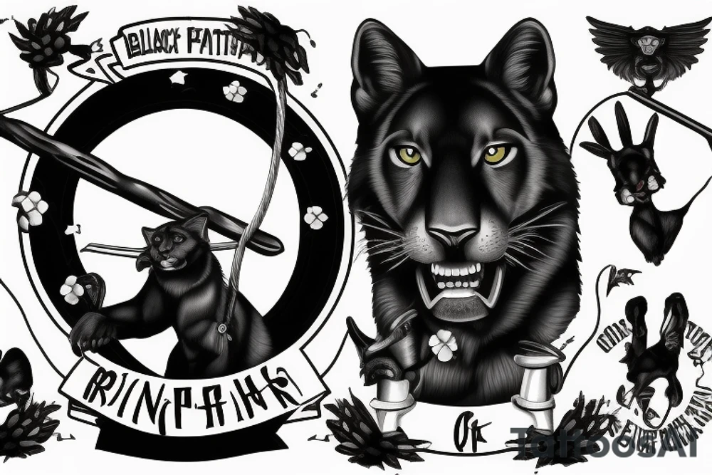 ONE black panthers, designed realistic like the animal, showing full body sitting and holding a shepherd's crook in between its legs tattoo idea