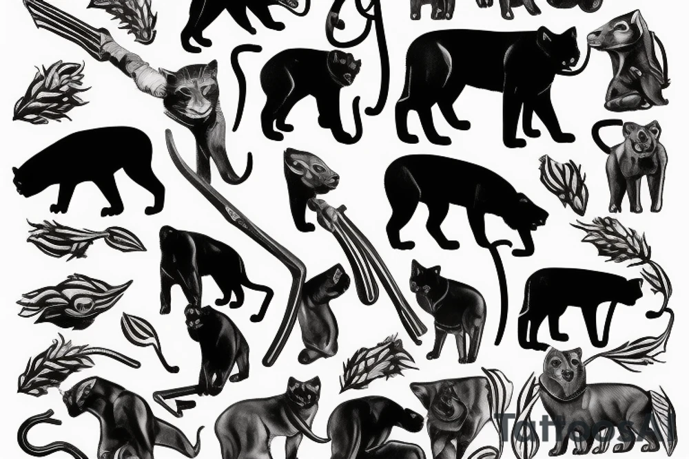 ONE black panthers, designed realistic like the animal, showing full body sitting and holding a shepherd's crook in between its legs tattoo idea