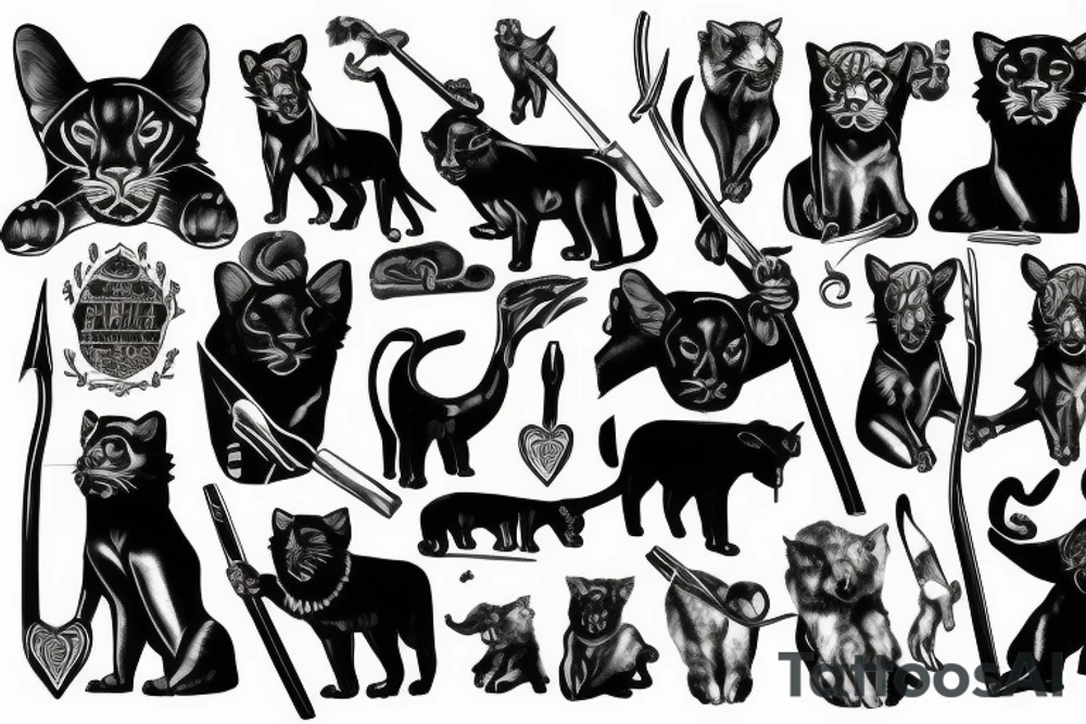 ONE black panthers, designed realistic like the animal, showing full body sitting and holding a shepherd's crook in between its legs tattoo idea