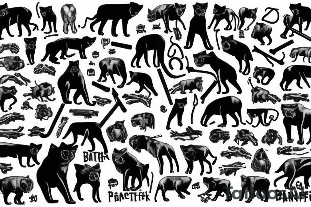 ONE black panthers, designed realistic like the animal, showing full body sitting and holding a shepherd's crook in between its legs tattoo idea