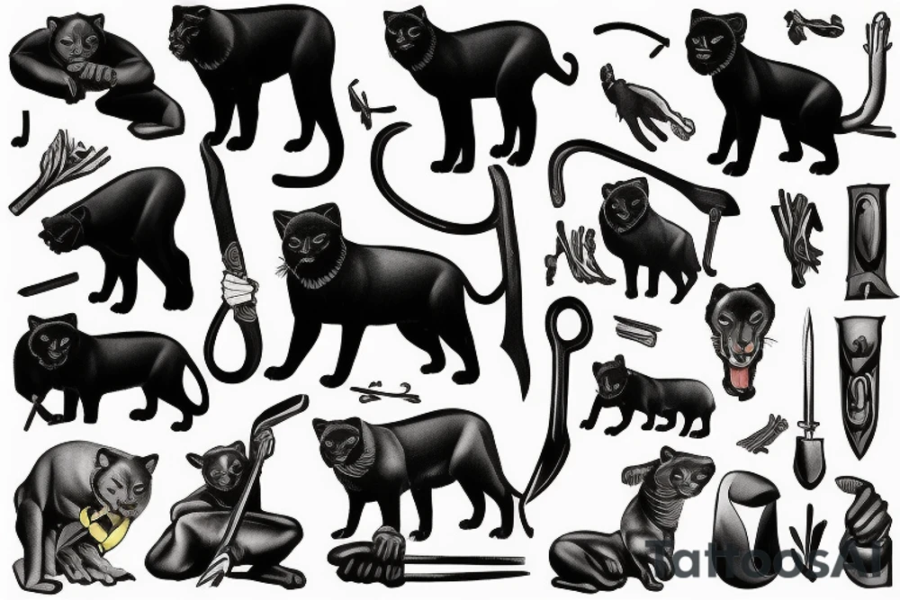 ONE black panthers, designed realistic like the animal, showing full body sitting and holding a shepherd's crook in between its legs tattoo idea