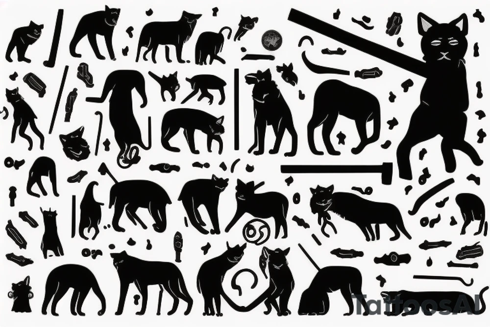 ONE black panthers, designed realistic like the animal, showing full body sitting and holding a shepherd's crook in between its legs tattoo idea