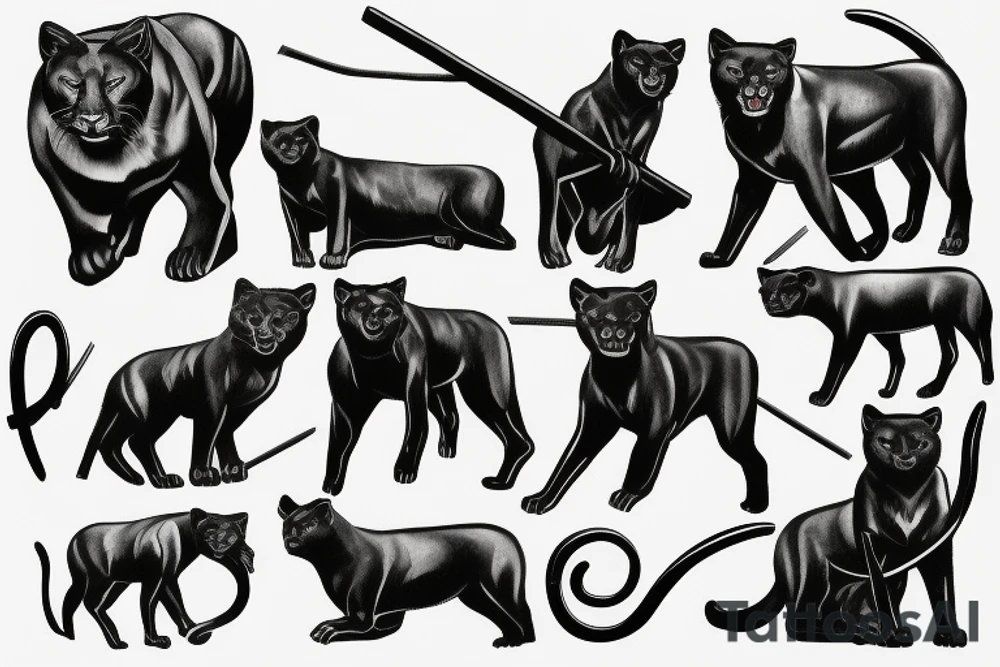 ONE black panthers, designed realistic like the animal, showing full body sitting and holding a shepherd's crook in between its legs tattoo idea