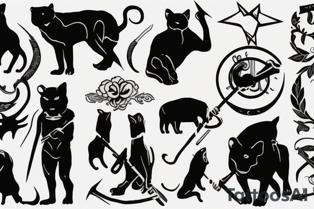ONE black panthers, designed realistic like the animal, showing full body sitting and holding a shepherd's crook in between its legs tattoo idea