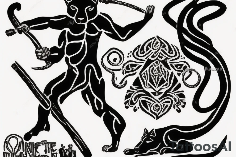 ONE black panthers, designed realistic like the animal, showing full body sitting and holding a shepherd's crook in between its legs tattoo idea