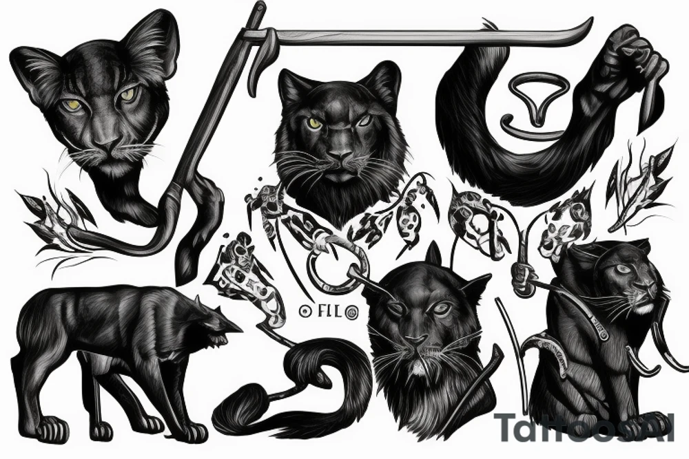 ONE black panthers, designed realistic like the animal, showing full body sitting and holding a shepherd's crook in between its legs tattoo idea