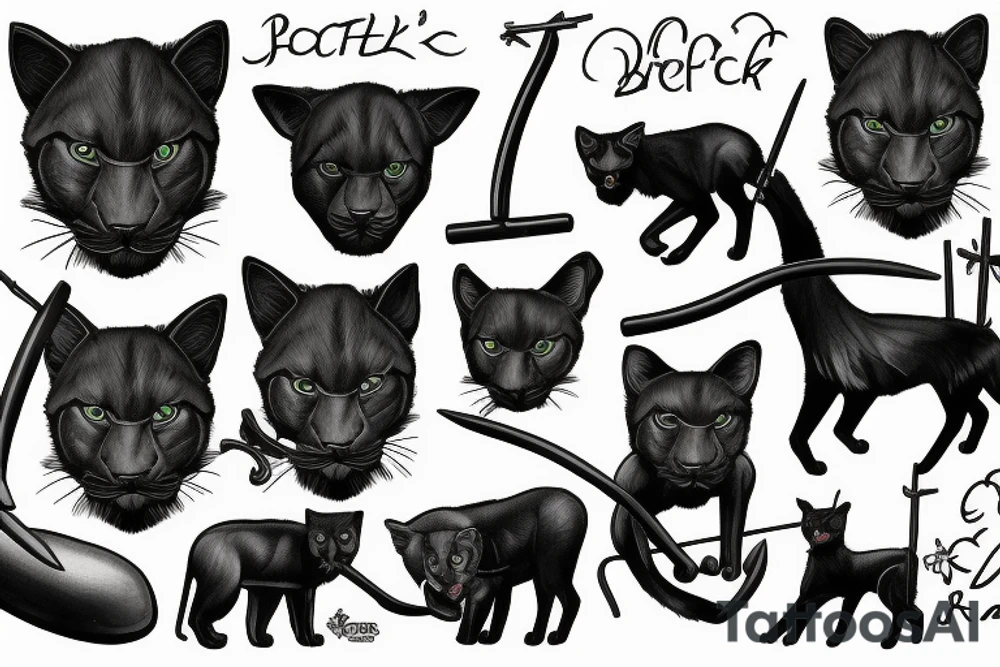 ONE black panthers, designed realistic like the animal, showing full body sitting and holding a shepherd's crook in between its legs tattoo idea