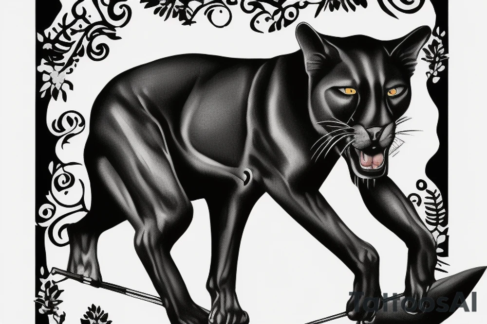 ONE black panthers, designed realistic like the animal, showing full body sitting and holding a shepherd's crook in between its legs tattoo idea