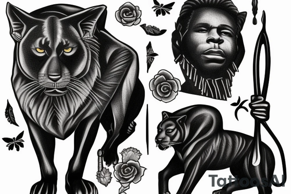ONE black panthers, designed realistic like the animal, showing full body sitting and holding a shepherd's crook in between its legs tattoo idea