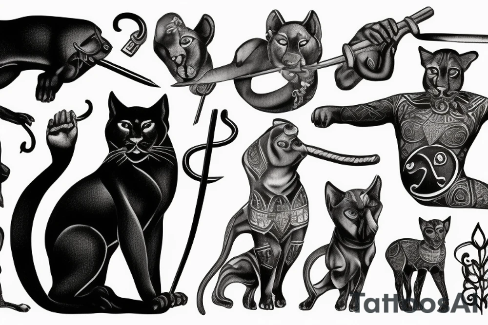 ONE black panthers, designed realistic like the animal, showing full body sitting and holding a shepherd's crook in between its legs tattoo idea