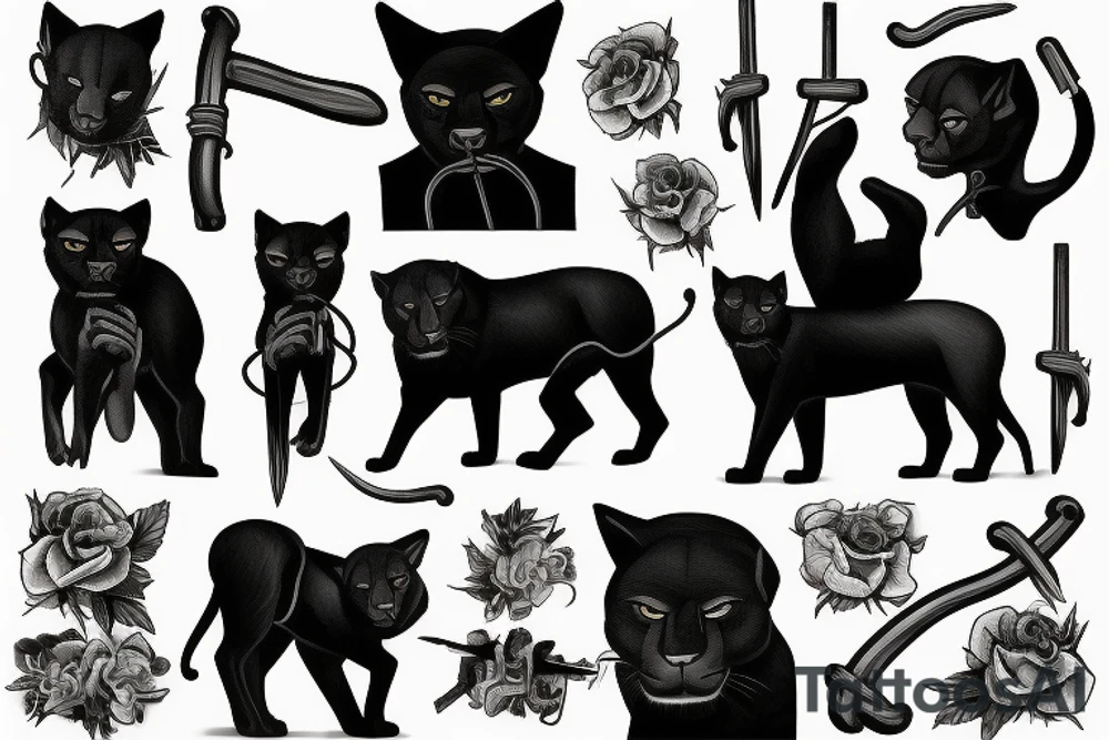 ONE black panthers, designed realistic like the animal, showing full body sitting and holding a shepherd's crook in between its legs tattoo idea