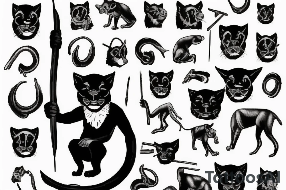 ONE black panthers, designed realistic like the animal, showing full body sitting and holding a shepherd's crook in between its legs tattoo idea