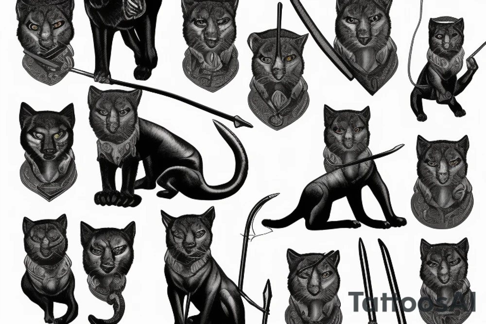 ONE black panthers, designed realistic like the animal, showing full body sitting and holding a shepherd's crook in between its legs tattoo idea