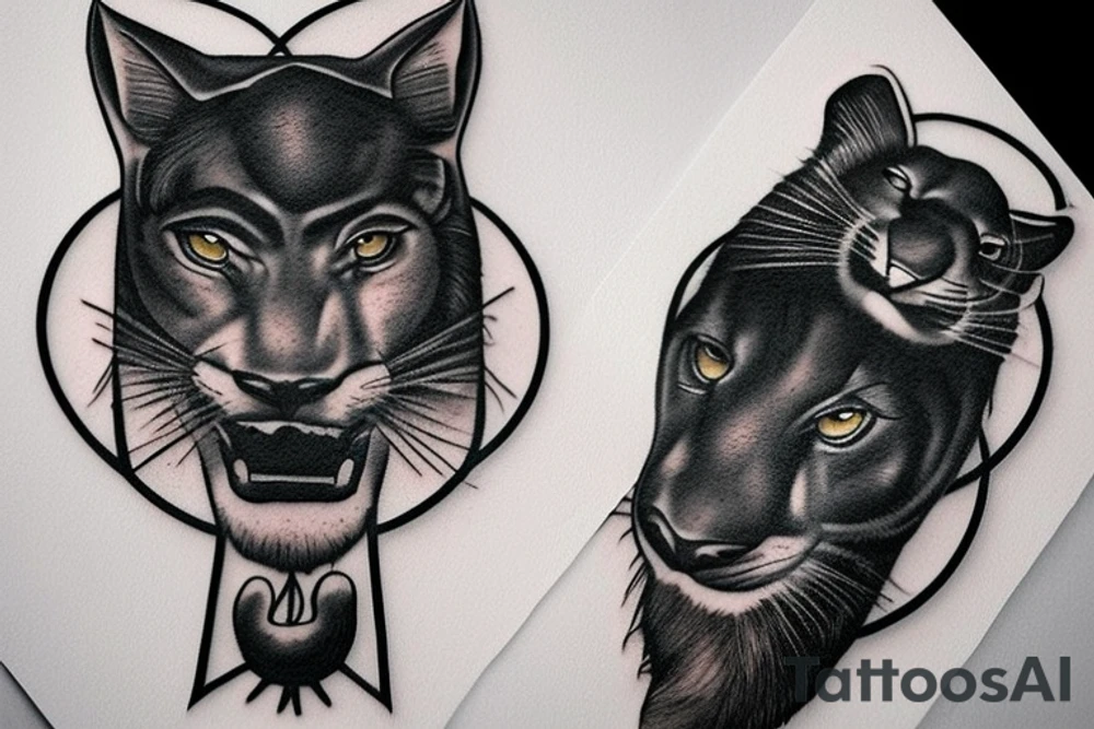 ONE black panthers, designed realistic like the animal, showing full body sitting and holding a shepherd's crook in between its legs tattoo idea