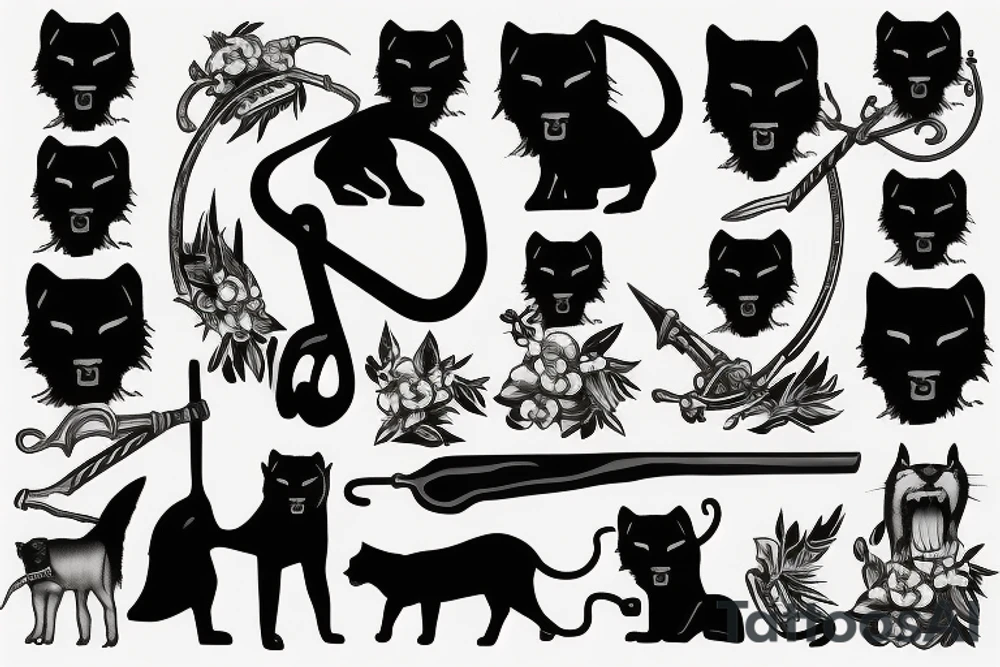 ONE black panthers, designed realistic like the animal, showing full body sitting and holding a shepherd's crook in between its legs tattoo idea