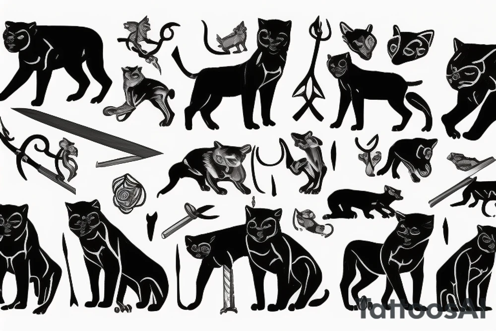ONE black panthers, designed realistic like the animal, showing full body sitting and holding a shepherd's crook in between its legs tattoo idea