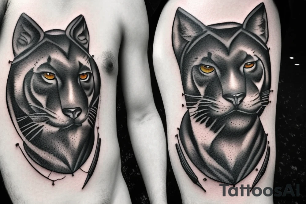 ONE black panthers, designed realistic like the animal, showing full body sitting and holding a shepherd's crook in between its legs tattoo idea