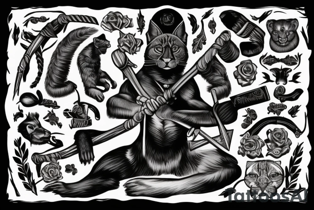 ONE black panthers, designed realistic like the animal, showing full body sitting and holding a shepherd's crook in between its legs tattoo idea