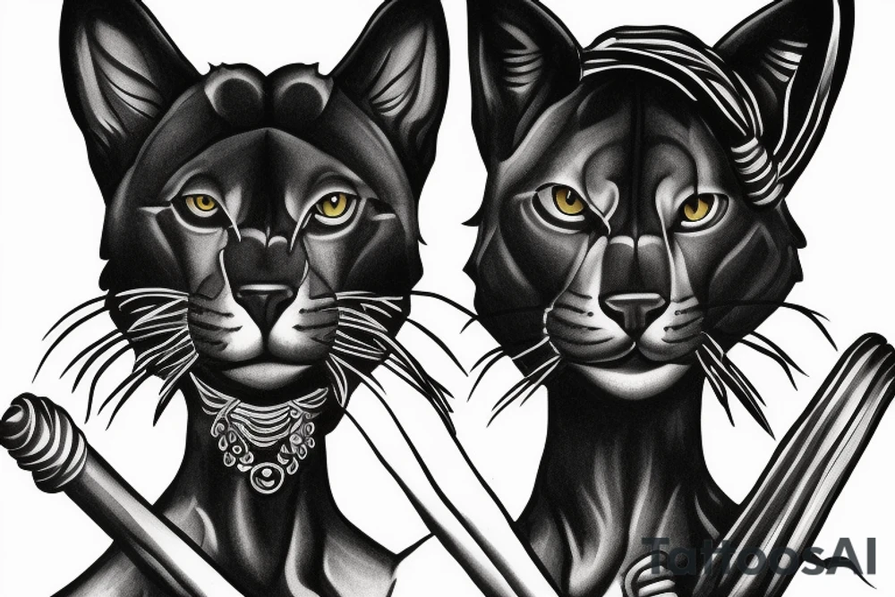 ONE black panthers, designed realistic like the animal, showing full body sitting and holding a shepherd's crook in between its legs tattoo idea